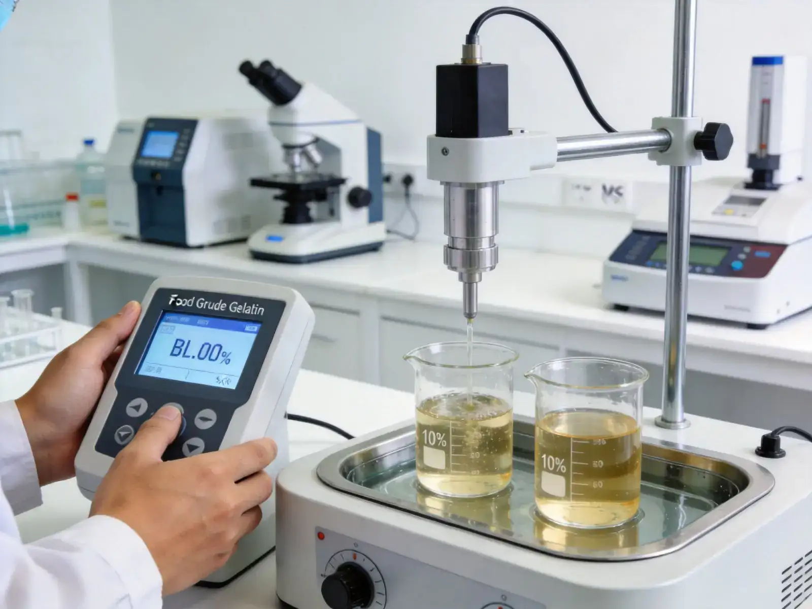 Food grade gelatin quality control laboratory testing scene